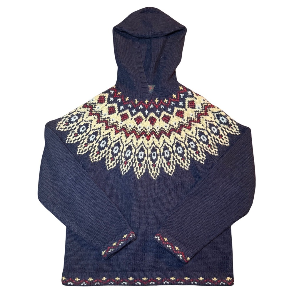 Vintage Ralph Lauren Hand Knit Fair Isle Hoodie Womens M Navy Wool Sweater